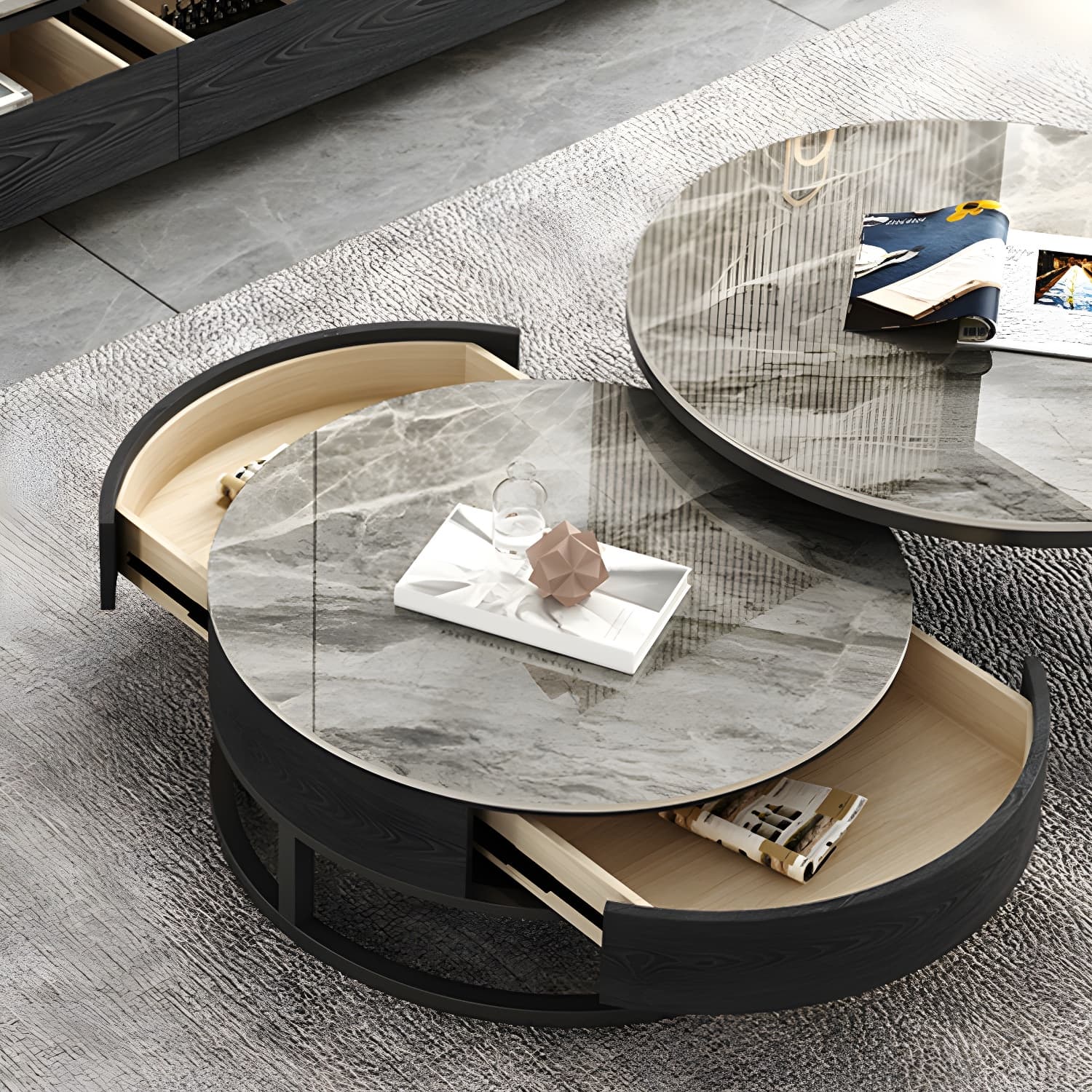 Set of 2 Round Stone Top Modern Nesting Tables with Black Metal Frames and Drawers Included - image 12
