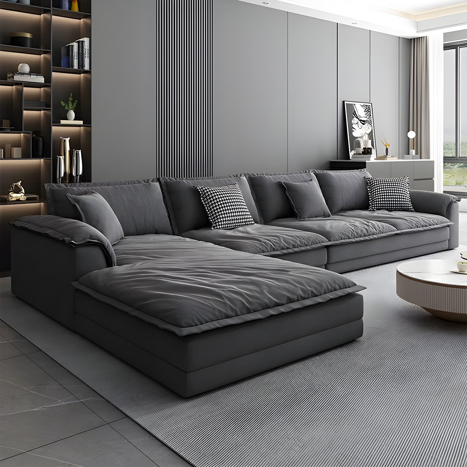 Modern Gray Abrasive Cloth Upholstered Stationary Sectional Sofa with Wood Frame