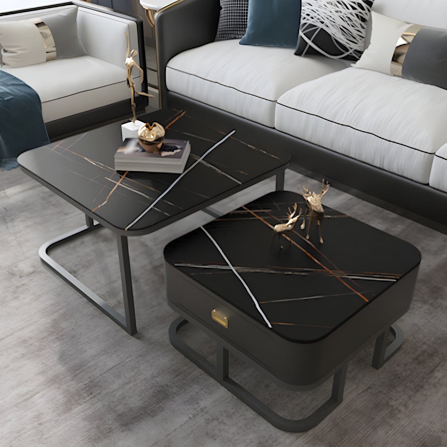 Round Slate/ Glass Coffee Table Frame 2 Nesting Cocktail Table with Storage - image 3