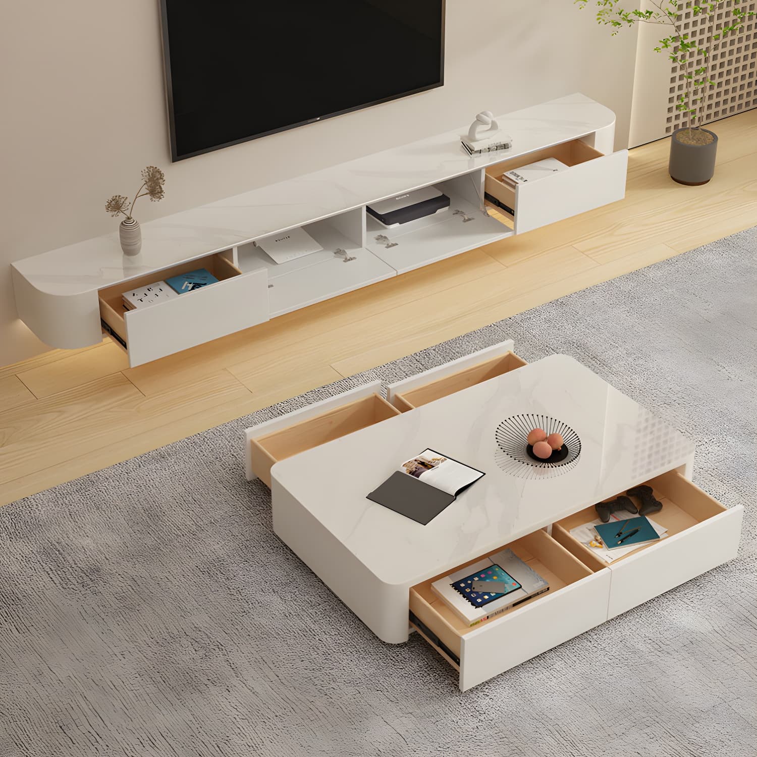 Modern White TV Media Stand Floating TV Stand Console with Drawers for Living Room - image 13