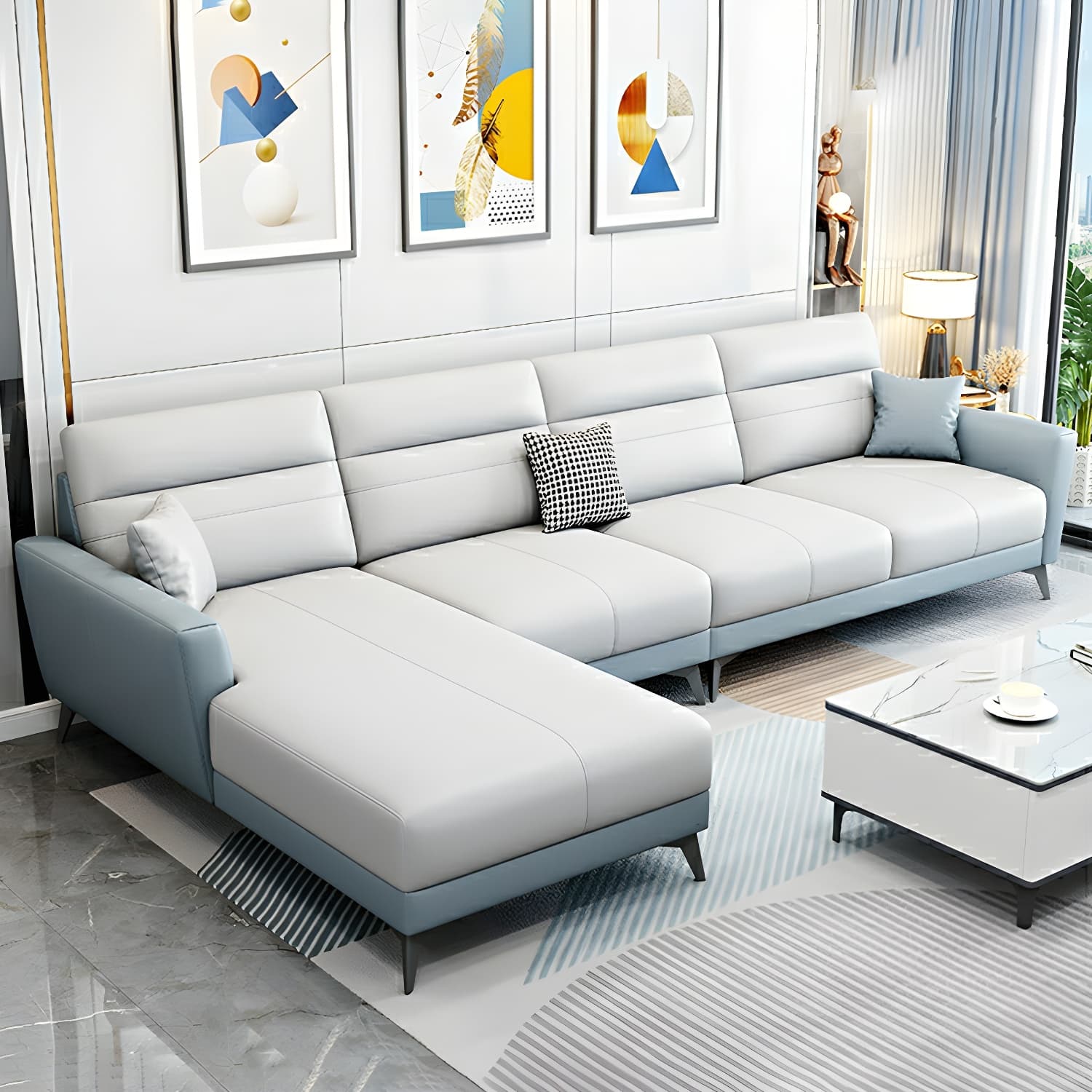 Modern L-Shape Stationary Sectional Sofa Chaise with Flared Arm Design