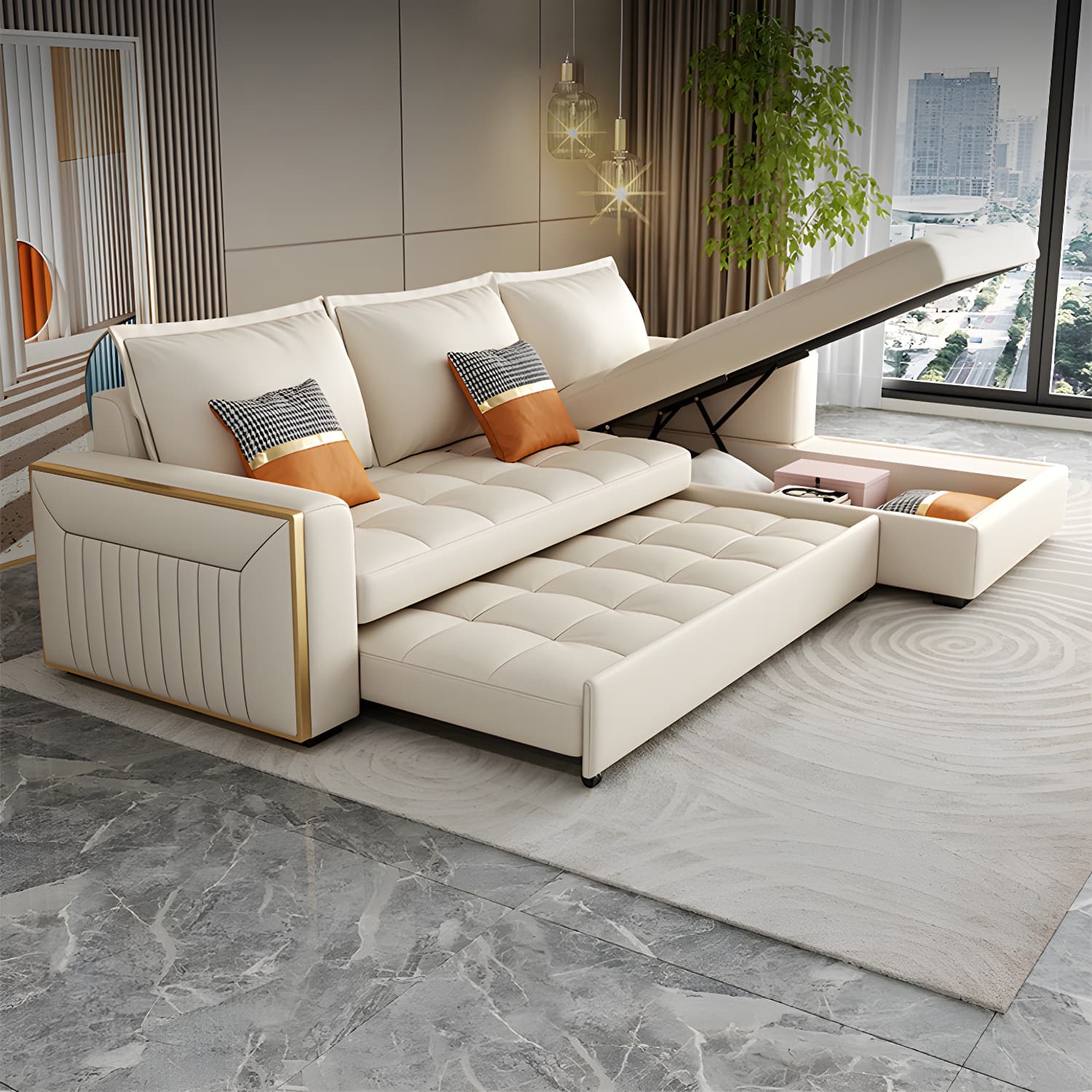 White Modern Sofa Bed with Storage USB Charging Convertible Sectional