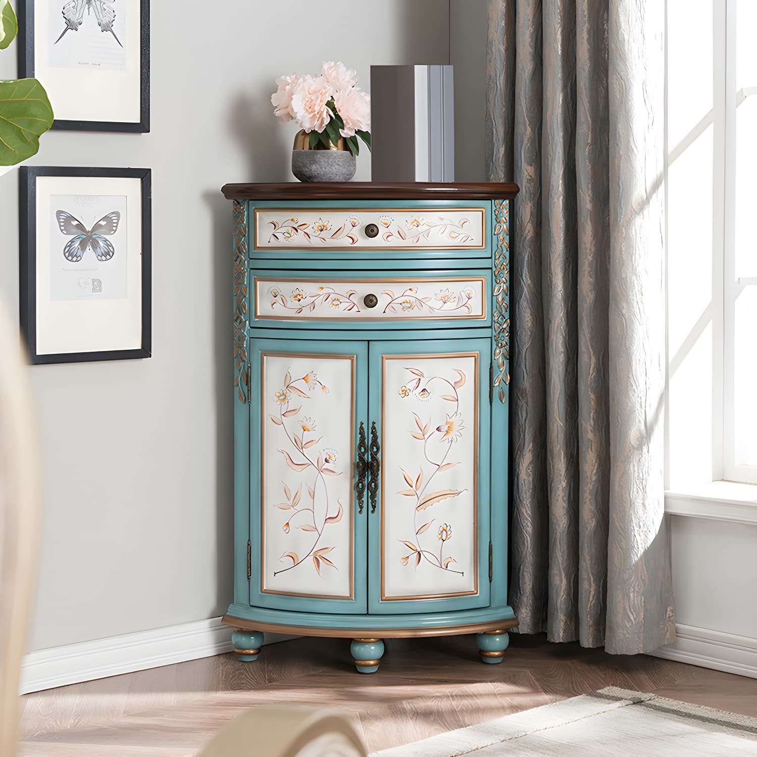 Traditional Bar Pulls Solid Wood Corner Accent Cabinet with Doors