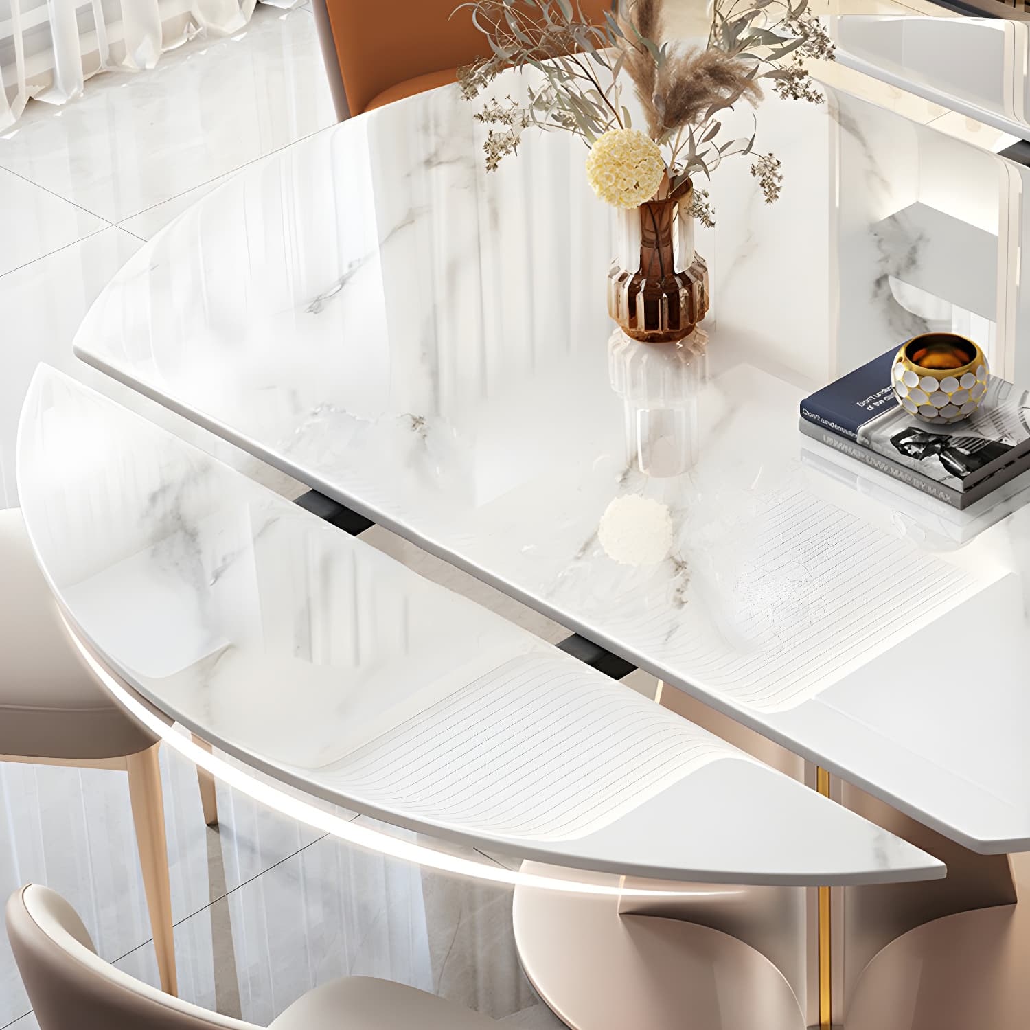 Glam Round Dining Set with Gold Pedestal Base and Self-Storing Leaf - Extension Feature - image 7
