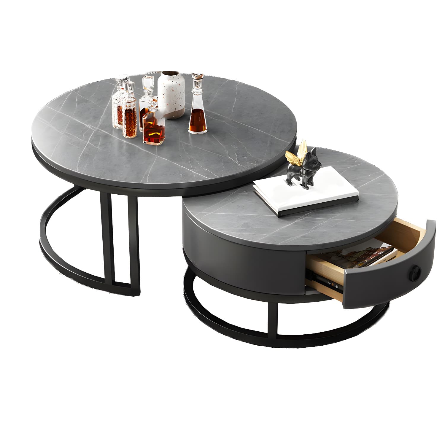 Modern Nesting Coffee Table Set Frame Round Coffee Table Set with Drawer - image 17