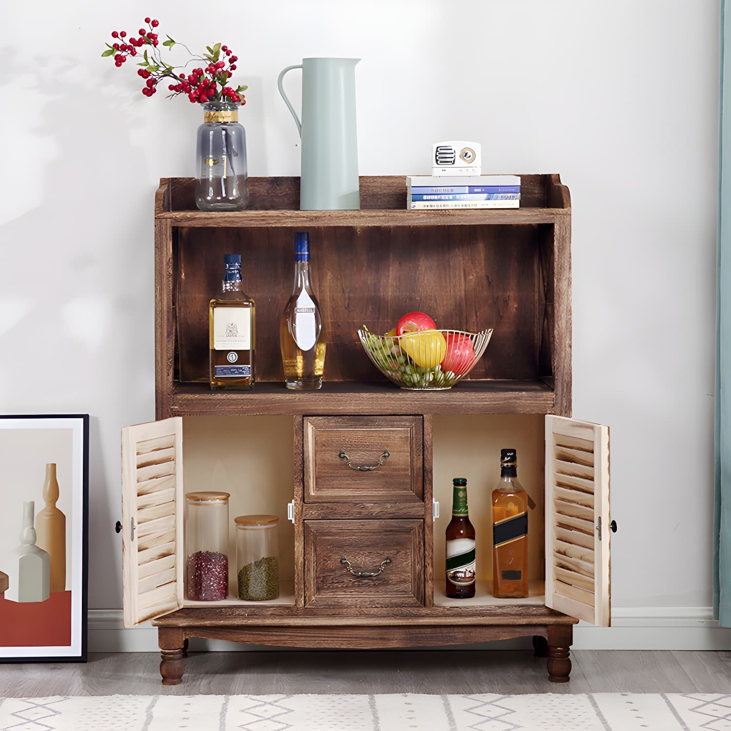 Rustic Farmhouse Wood Server - Compact Sideboard with Drawers and Open Storage - image 8