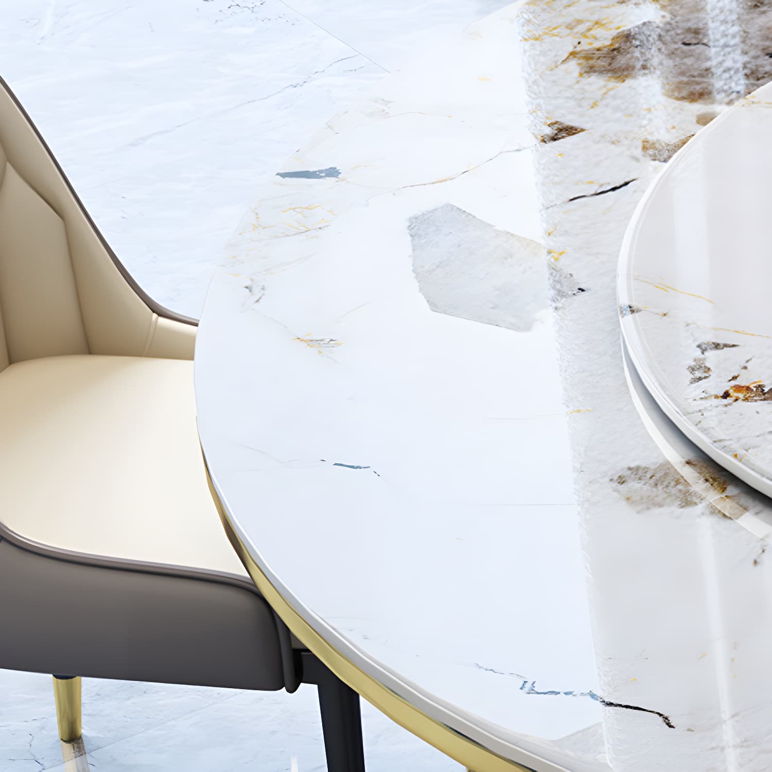 Glam Round Stone Dining Set in White - Fixed Table with Black Metal Pedestal Base - image 7