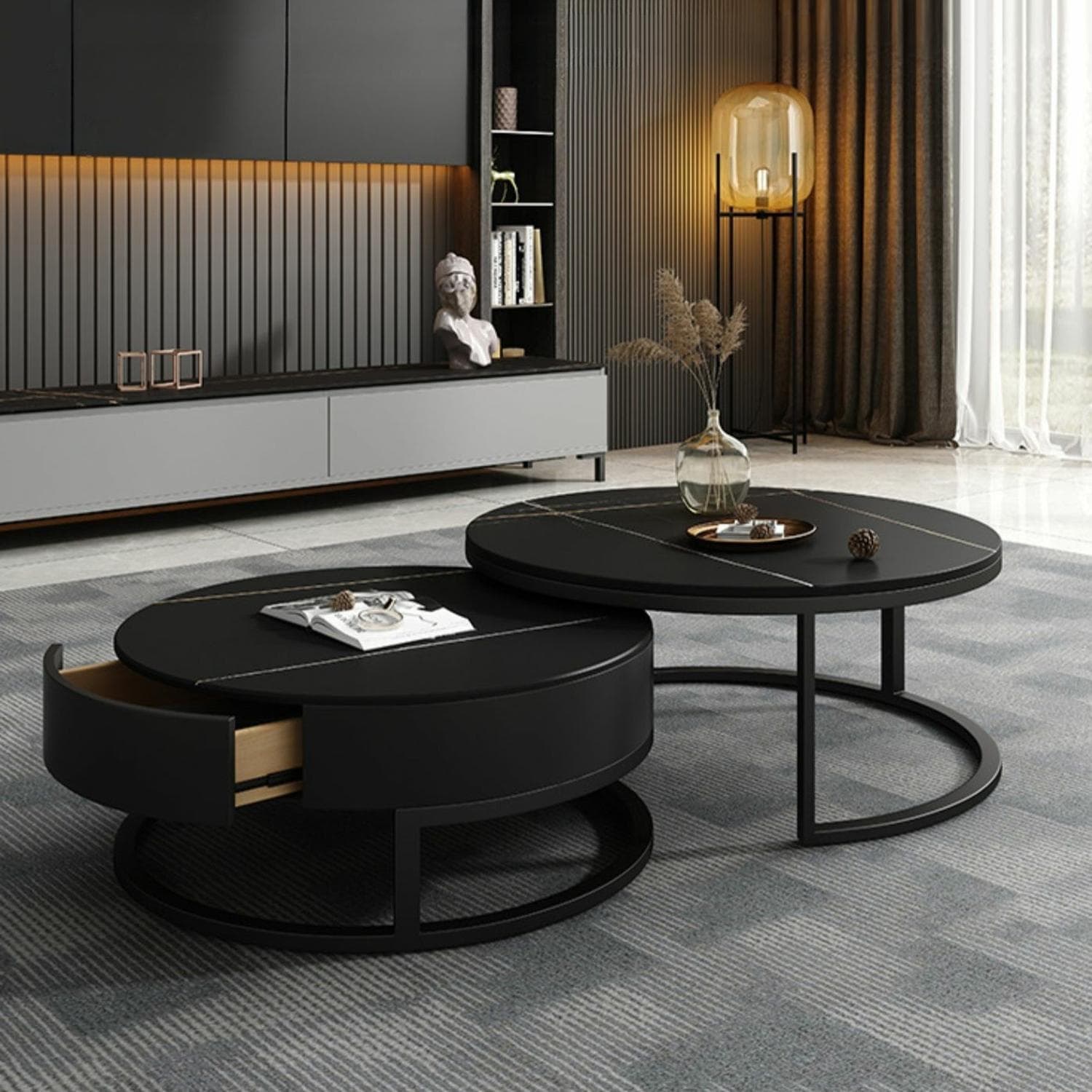 Modern Black Nesting Coffee Tables, 2 Set, Round Stone Top, Steel Frame with Storage - image 9