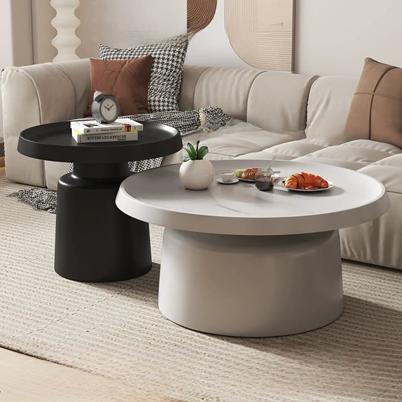 Modern Pedestal Non-Upholstered Round Nesting Coffee Tables Metal Top and Base