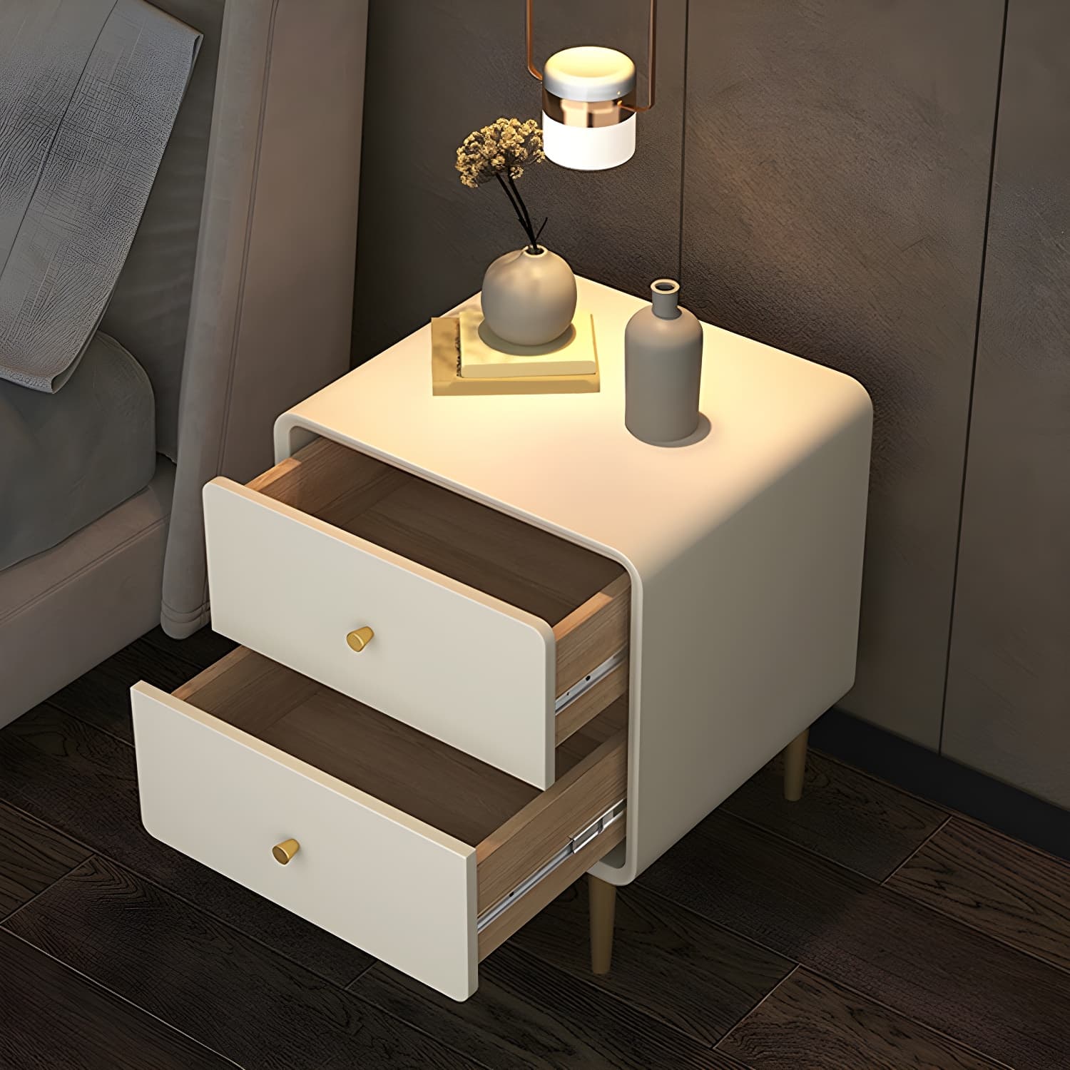 Glam Pine Wood Nightstand with Leather Countertop and 2 Drawers - Small Size - image 13