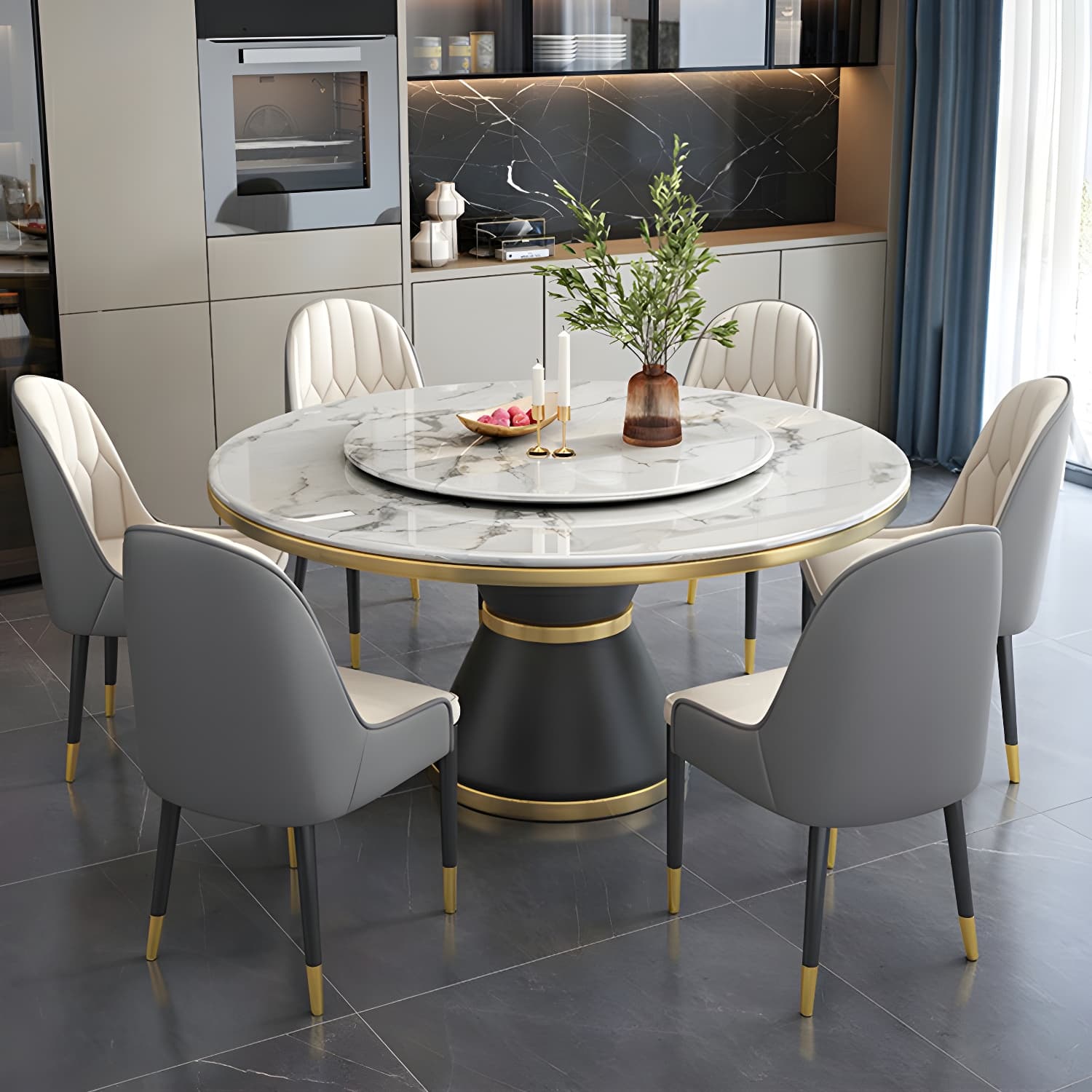 Glam Round Marble Dining Set in White with Black Metal Pedestal Base - 1/5/7 Piece Set