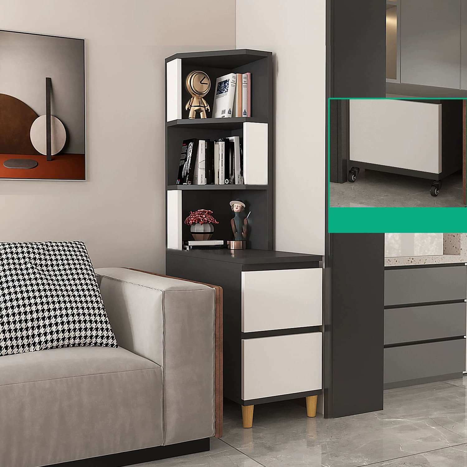 31" Wide Contemporary Corner 2 - Drawer Accent Chest with Shelves