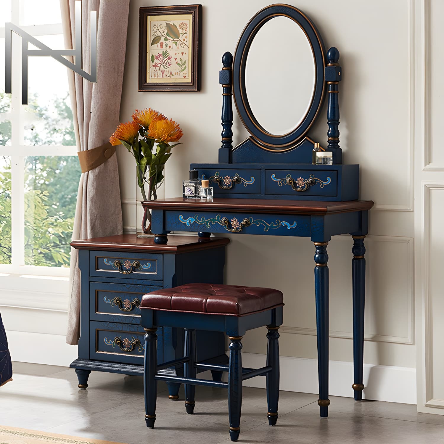 Victorian Wood Vanity Table with Mirror and Stool 15.75" D Vanity Table Set