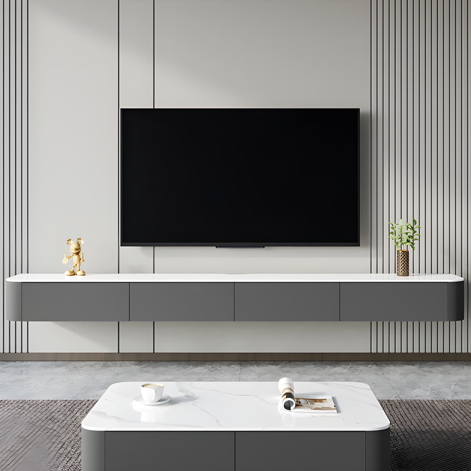 Contemporary Wall-mounted TV Media Stand Wood Frame Slate Top with Storage