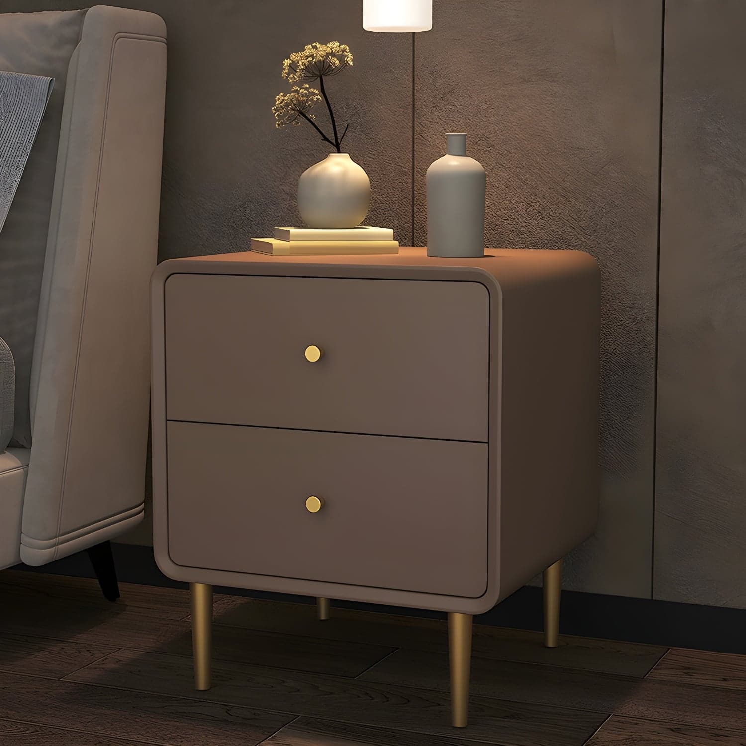 Glam Pine Wood Nightstand with Leather Countertop and 2 Drawers - Small Size - image 4