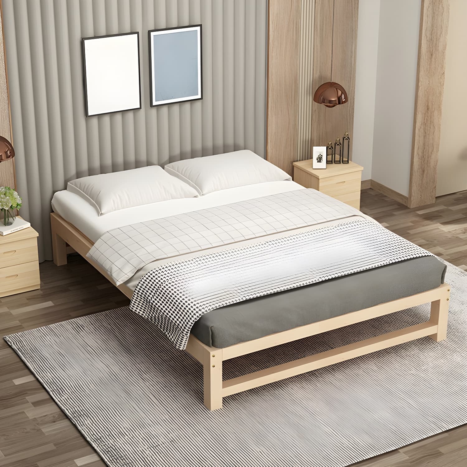 Solid Wood Modern Platform Bed Natural without Headboard and Storage Space