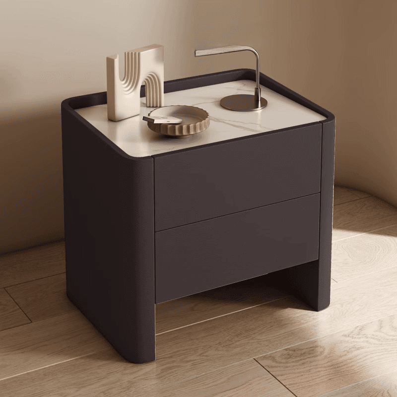 Stylish Drawer Storage Nightstand with 2 Drawers, Stone Countertop, and Leg