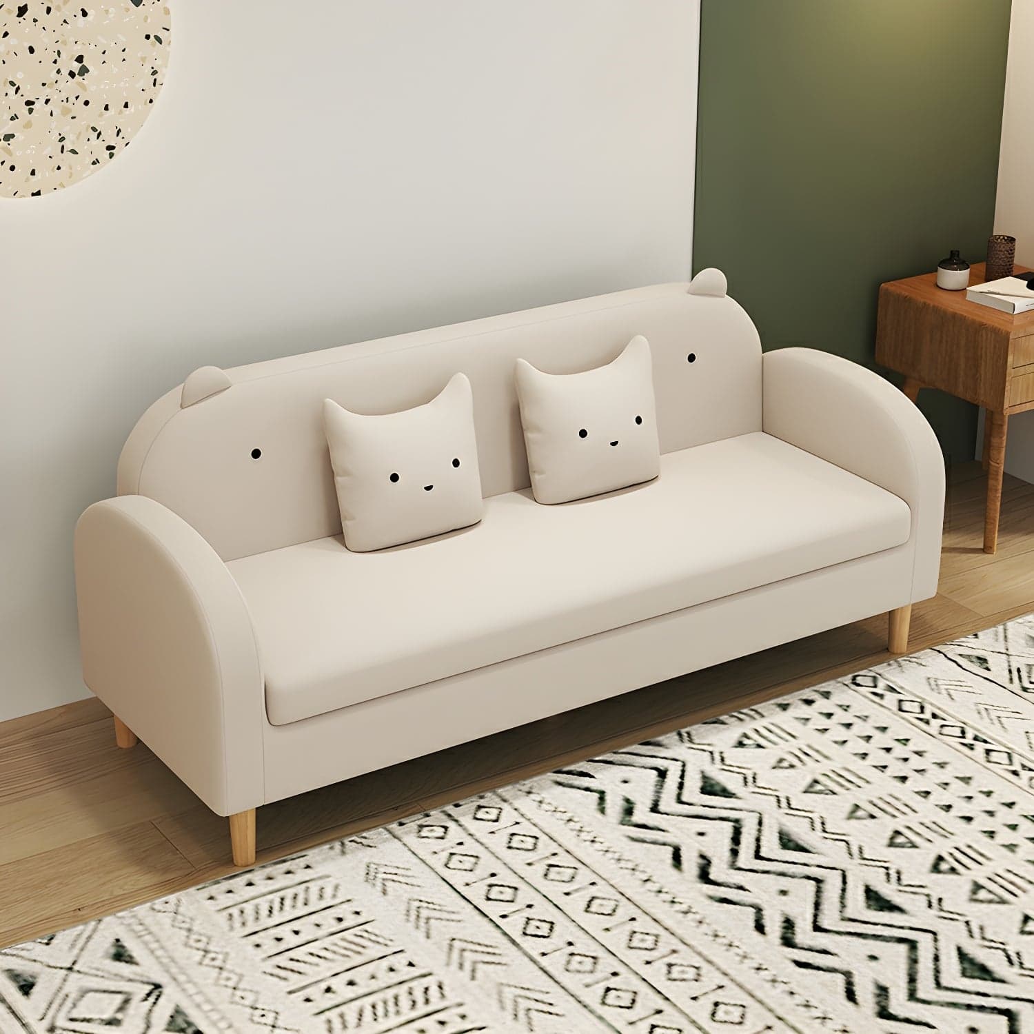 Art Deco Natural Wood Finish Framed Sofa Couch with Recessed Arm, Slipcover and 2 Pillows - image 17