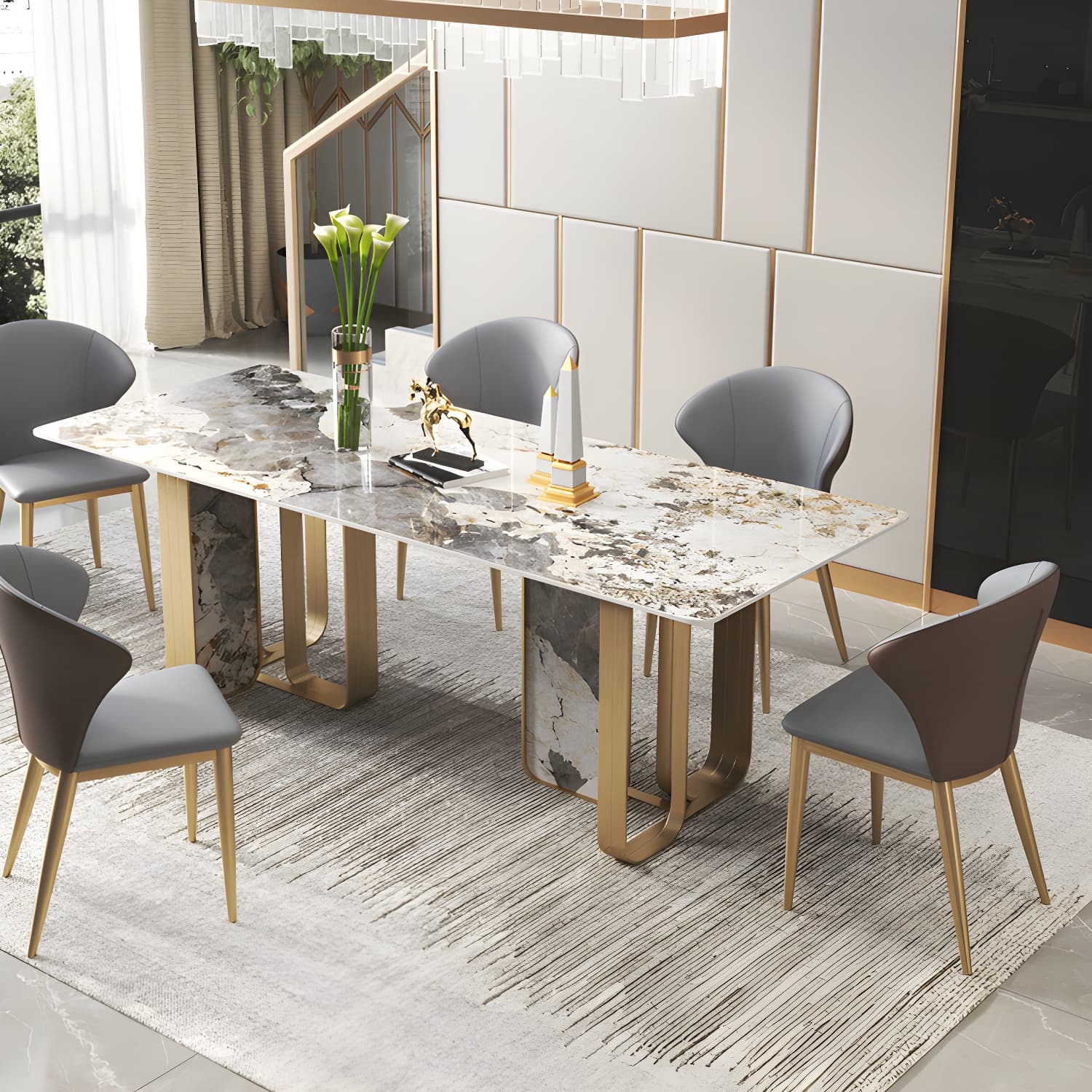 Luxury 1/2/3/5/6/7/8/9 Pieces Dining Set with Stone Dining Table and Chairs Dinette Set - image 12
