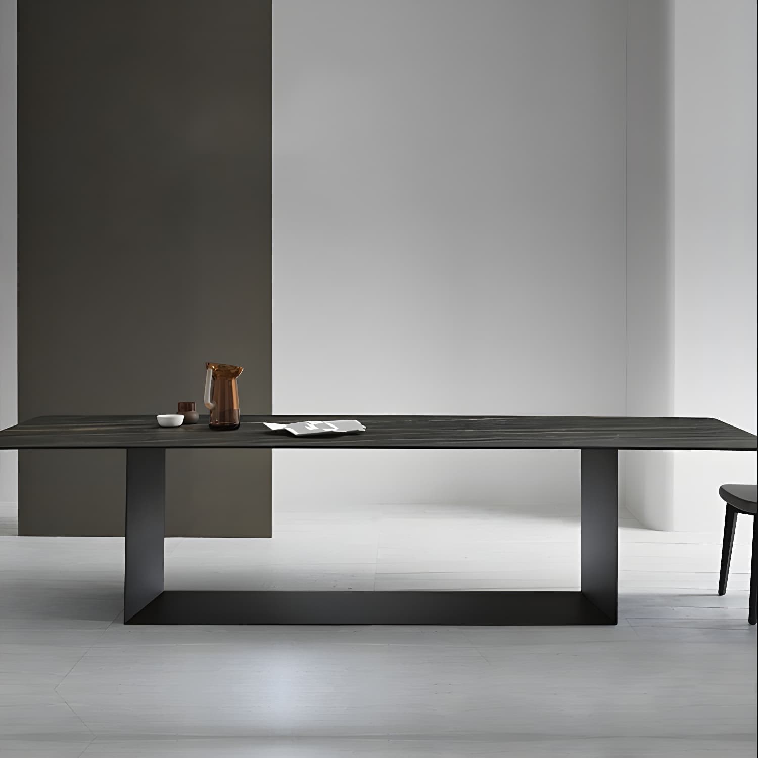 Sophisticated Modern Rectangle Stone Kitchen & Dining Table with Black Metal Trestle Base - image 6