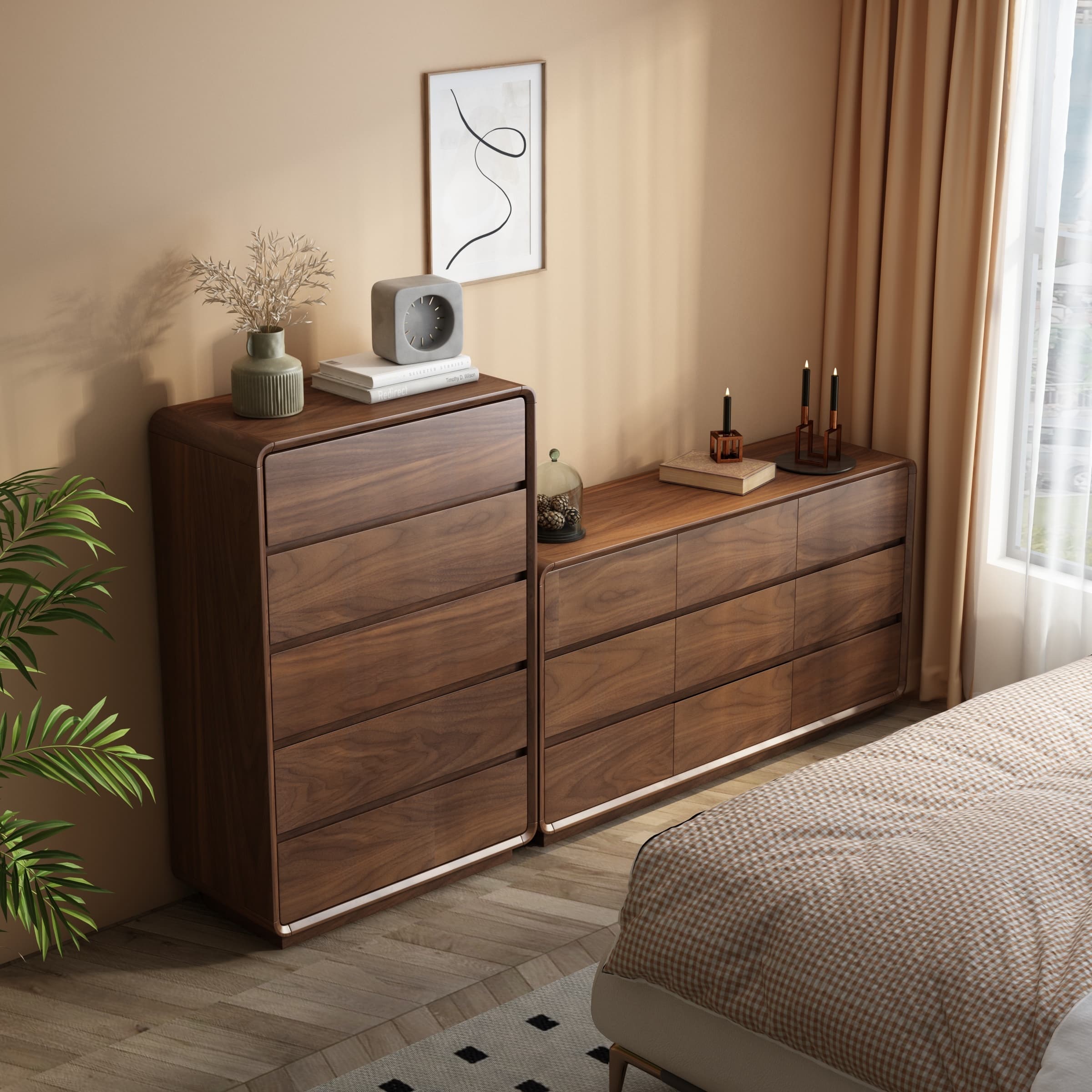 Cocoa Simplistic Natural Wood Double Dresser/Lingerie Chest with 6/9/5 Drawers in Horizontal/Vertical Orientation