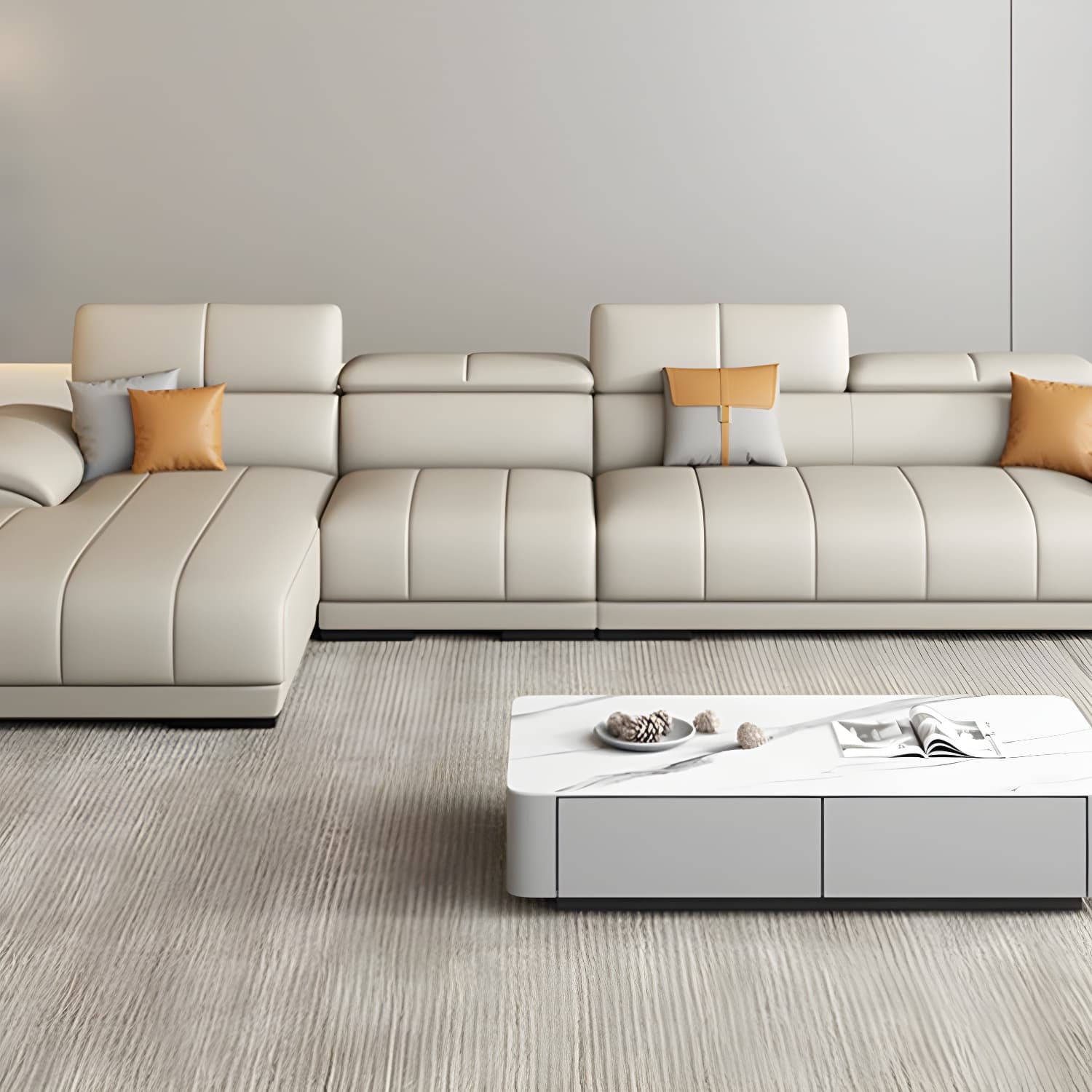 Elegant Beige Scandinavian Leather Sectional with Adjustable Headrests - image 6
