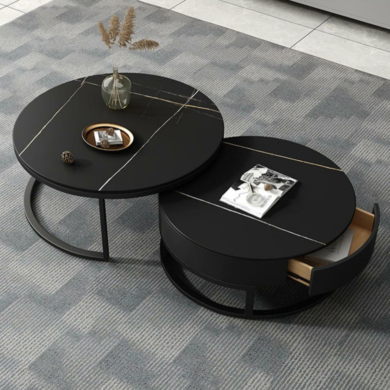 Modern Black Nesting Coffee Tables, 2 Set, Round Stone Top, Steel Frame with Storage - image 8