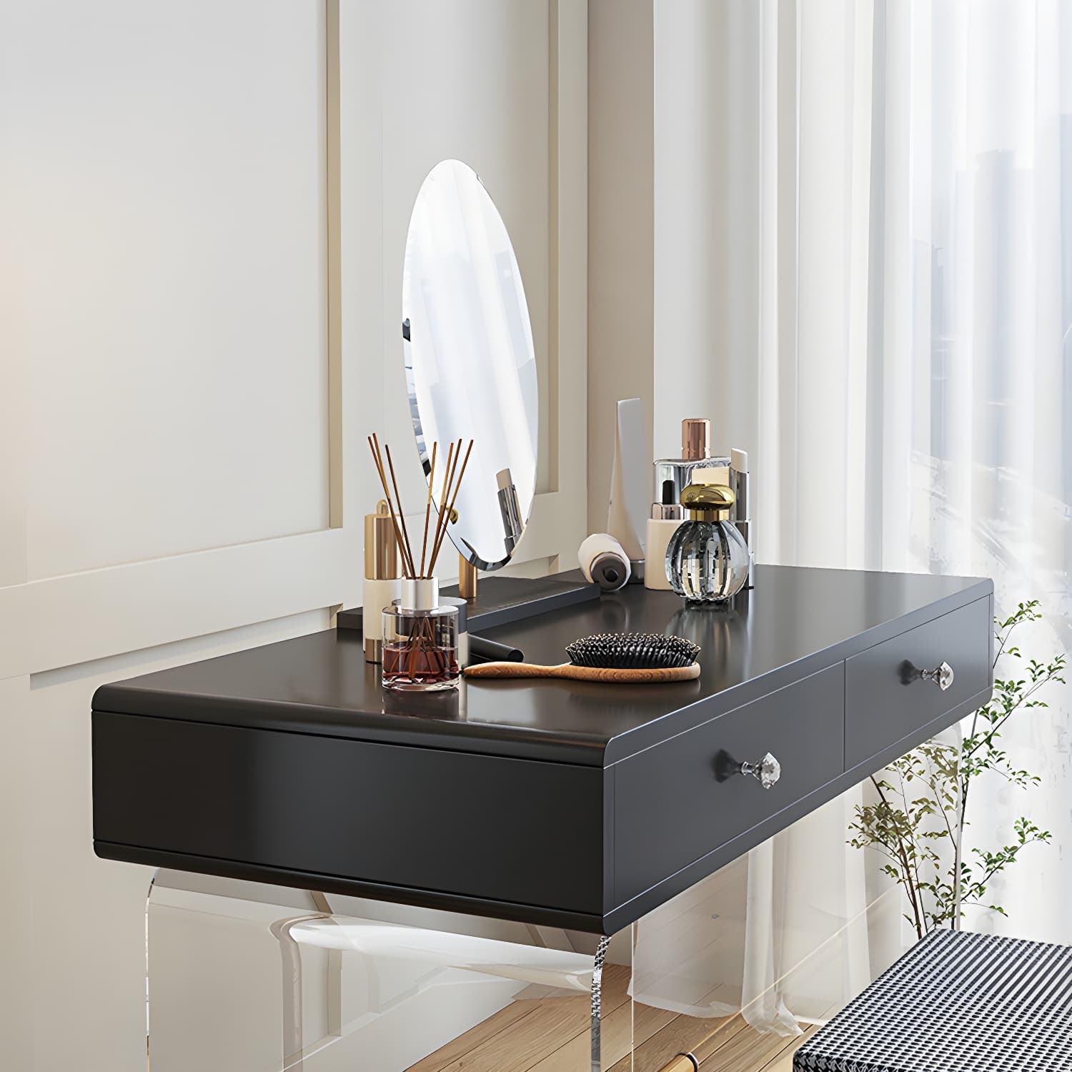 2 Drawers Clear Acrylic Makeup Table Contemporary 17.72" D Vanity Set with Stool & Mirror - image 10