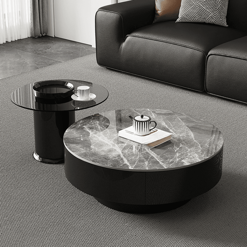 Elegant 1-Tier Circular-shaped Slate Side Table with Drum Base and Midnight Black Top, Includes 2 Drawers/1 Drawer - image 5