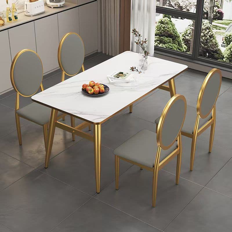 Luxurious White Rectangular/Circular/Square Reclaimed Wood Standard Height Fixed Dining Table with Golden 4 Legs for 2 People/4 People