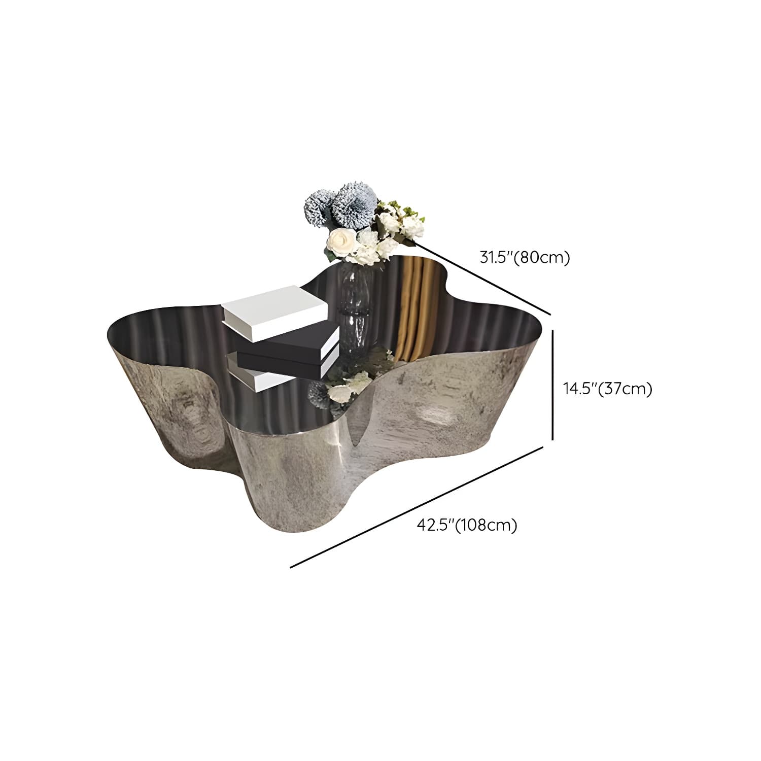 Silver Modern Coffee Table with Free Form Metal Top and Abstract Stainless Steel Base - image 21