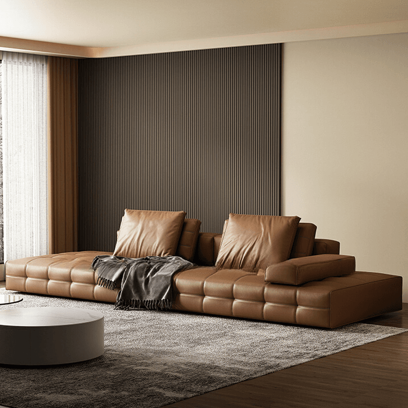 Tear Resistant Standard Sofa in Coffee Leather with 4 Pillows