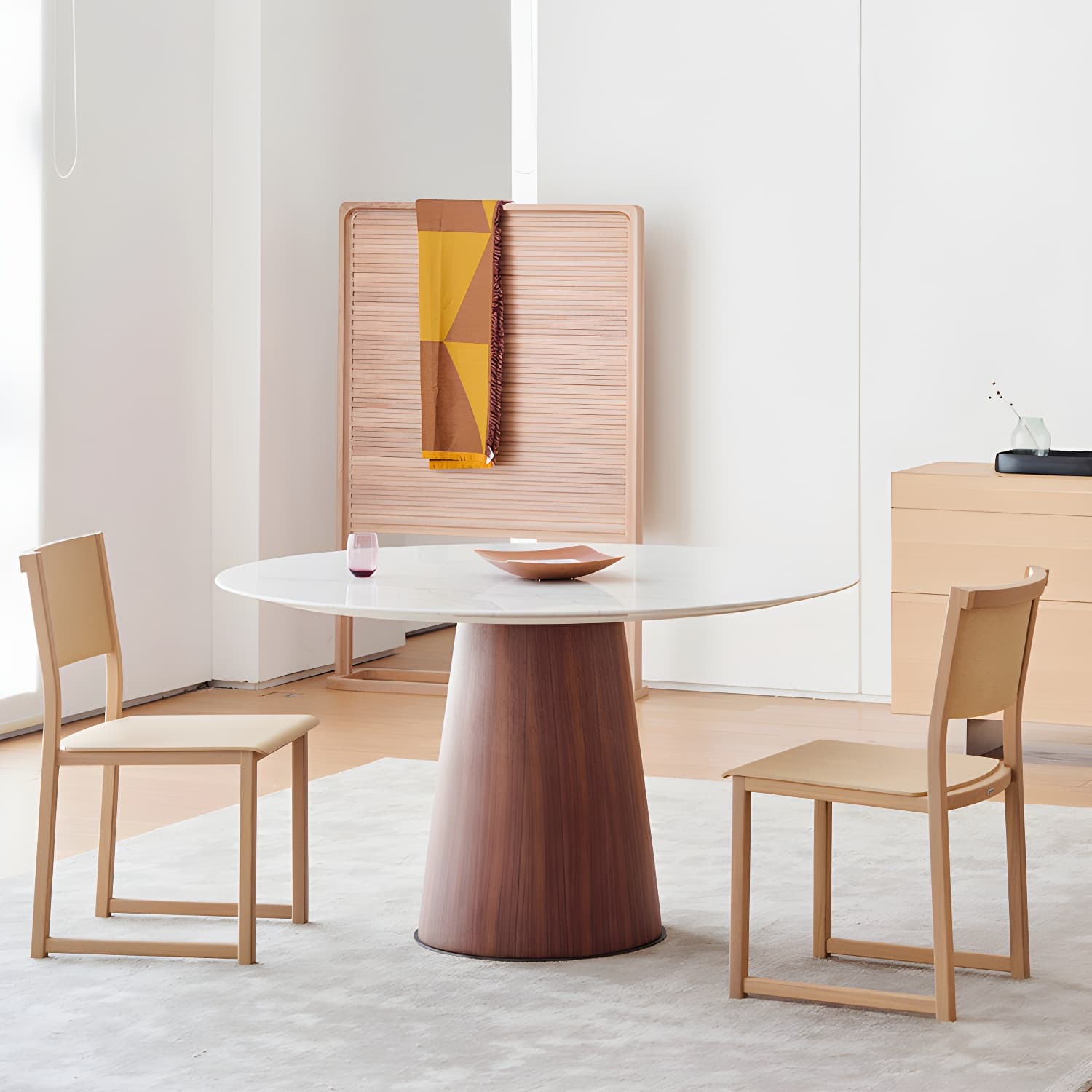 Modern Round Dining Table White Stone Tabletop with Wood Pedestal Base - image 4