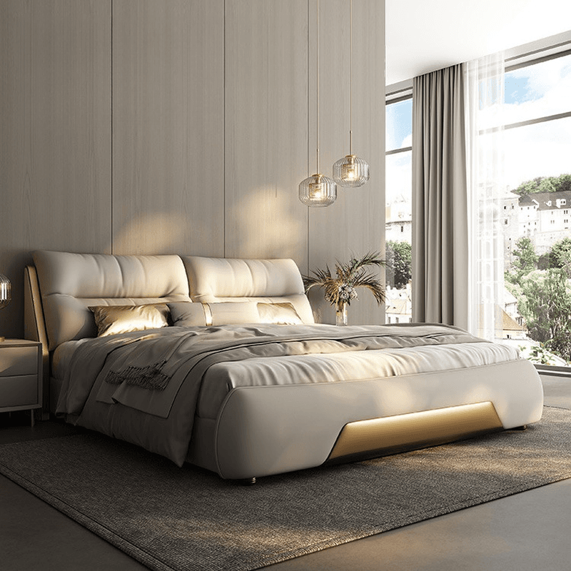 Beige Solid Color Storage Bed/Platform Bed with Pine Wood Frame for Living Room