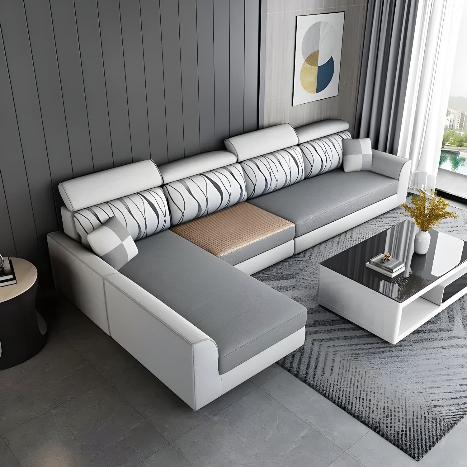 Modern L-Shape Reversible Wood Frame Sectional Sofa Chaise Set - image 8