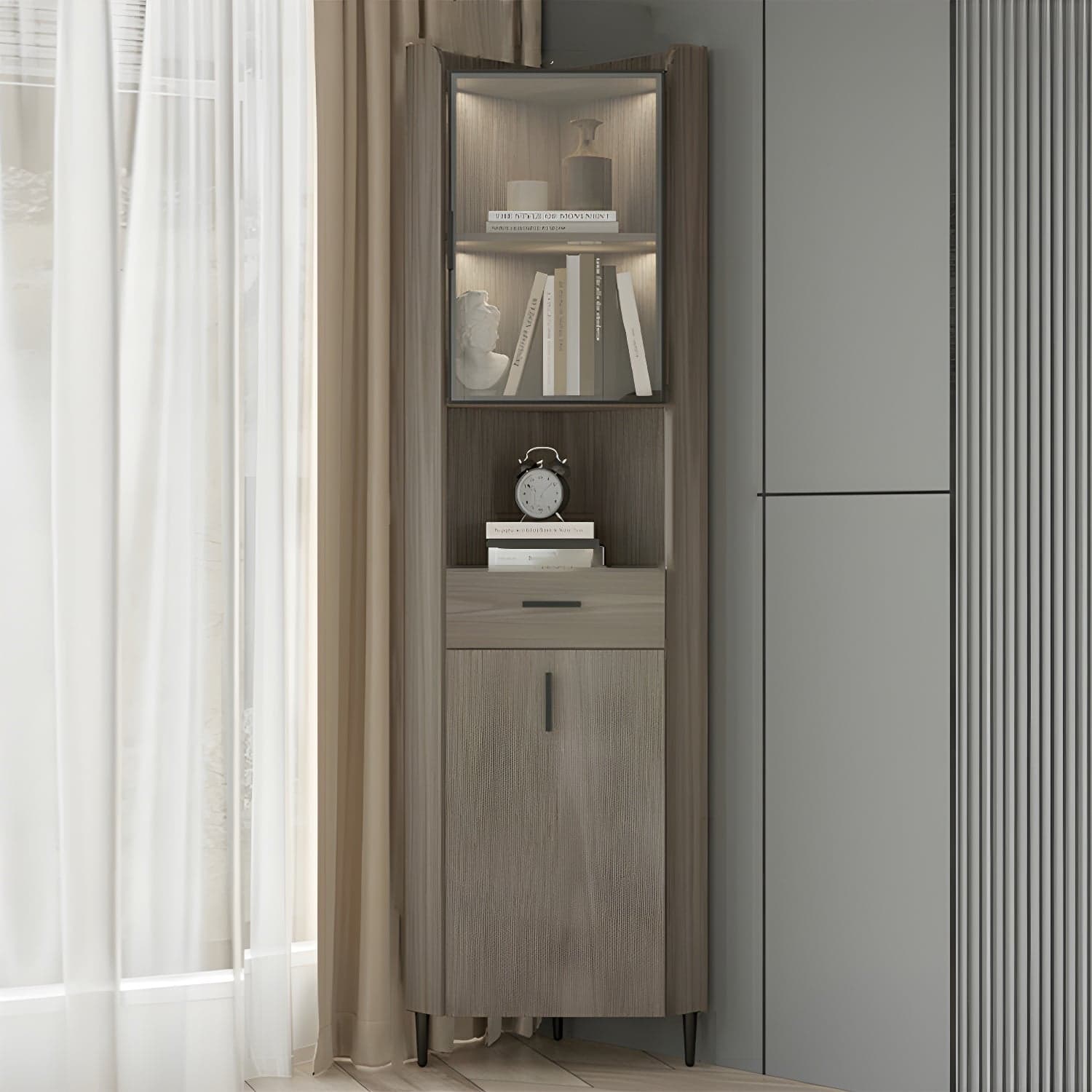 Small Modern Corner Accent Cabinet with Wood Counter Top, Drawers Included, and Metal Legs - image 3