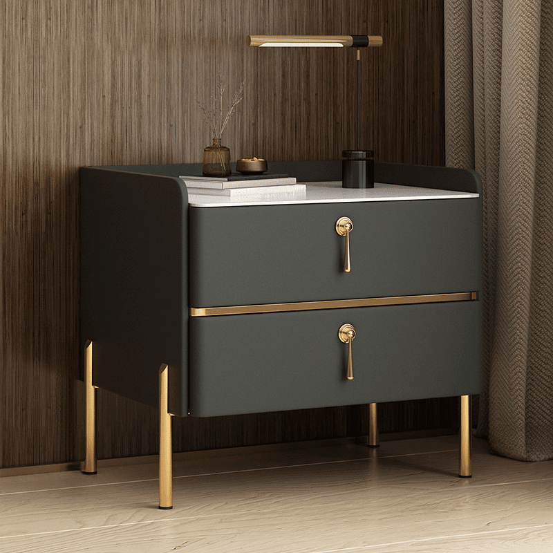 Stylish/Art Deco Drawer Storage Nightstand with 2 Drawers, Stone Countertop, and Leg