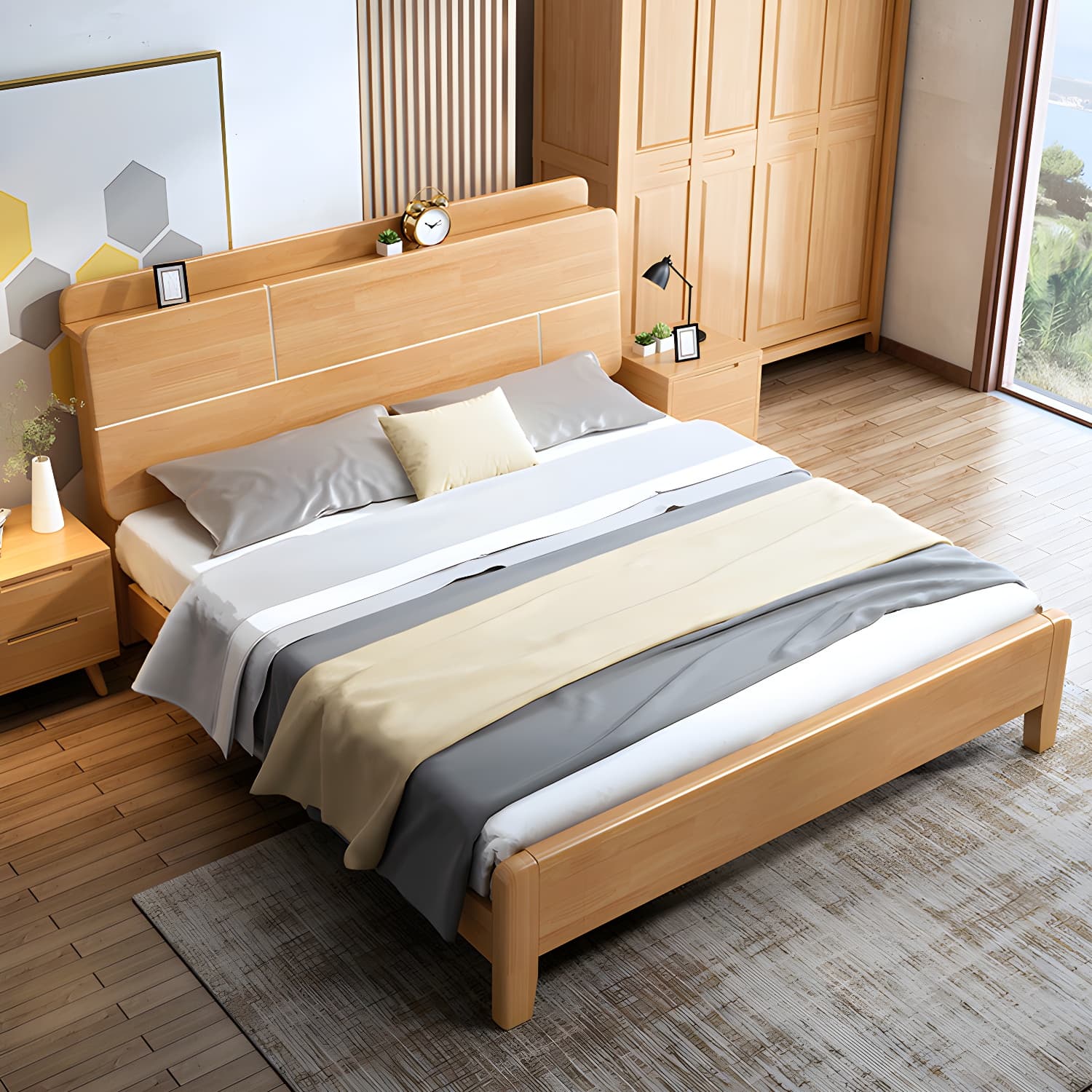 Scandinavian Solid Wood Bed with Headboard 39.37" Tall Standard Bed - image 6