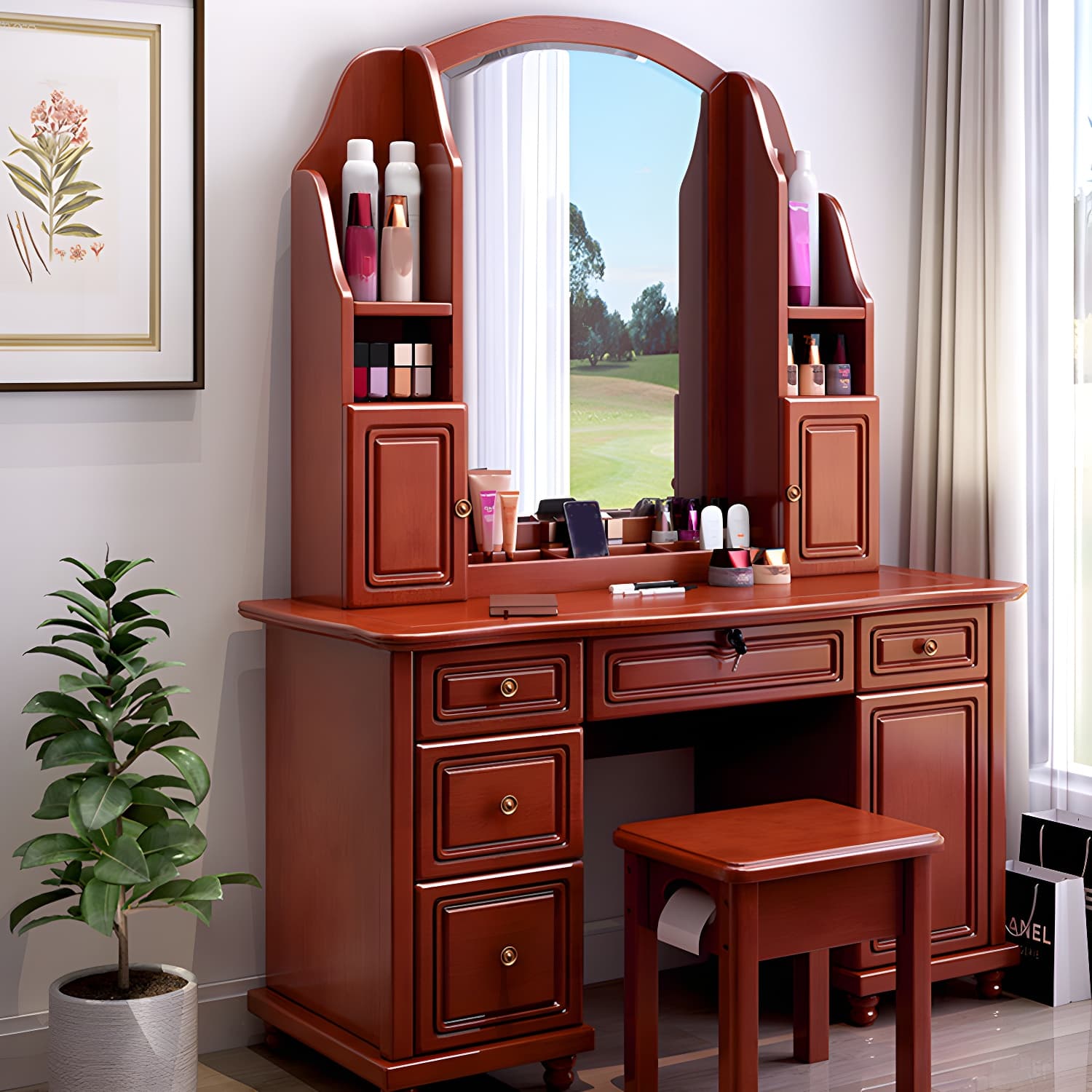Traditional Solid Wood Makeup Dressing Table 60.23" H Vanity Set with Stool and Mirror - image 6