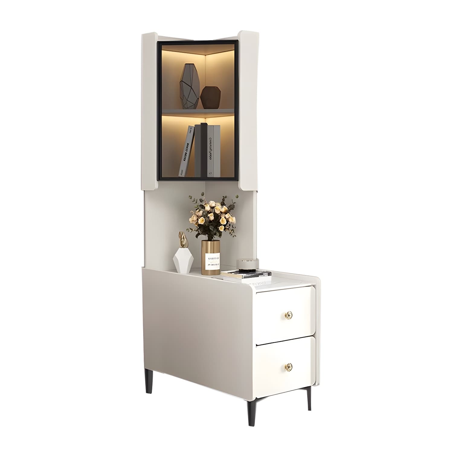 Elegant Corner Accent Cabinet with Glass Doors and Black Metal Base - image 7