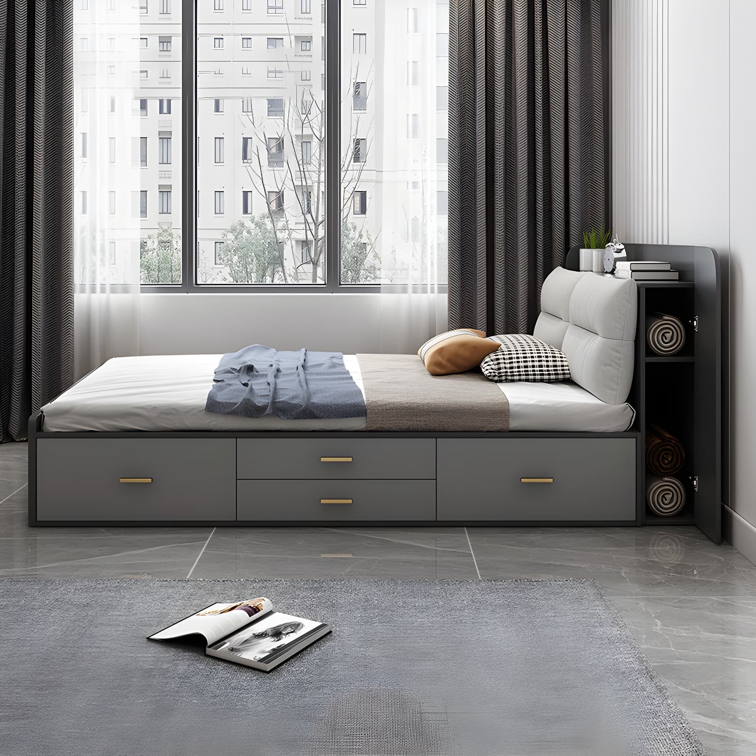 Scandinavian Low Profile Bed with Headboard Upholstered Bed with Drawers - image 7