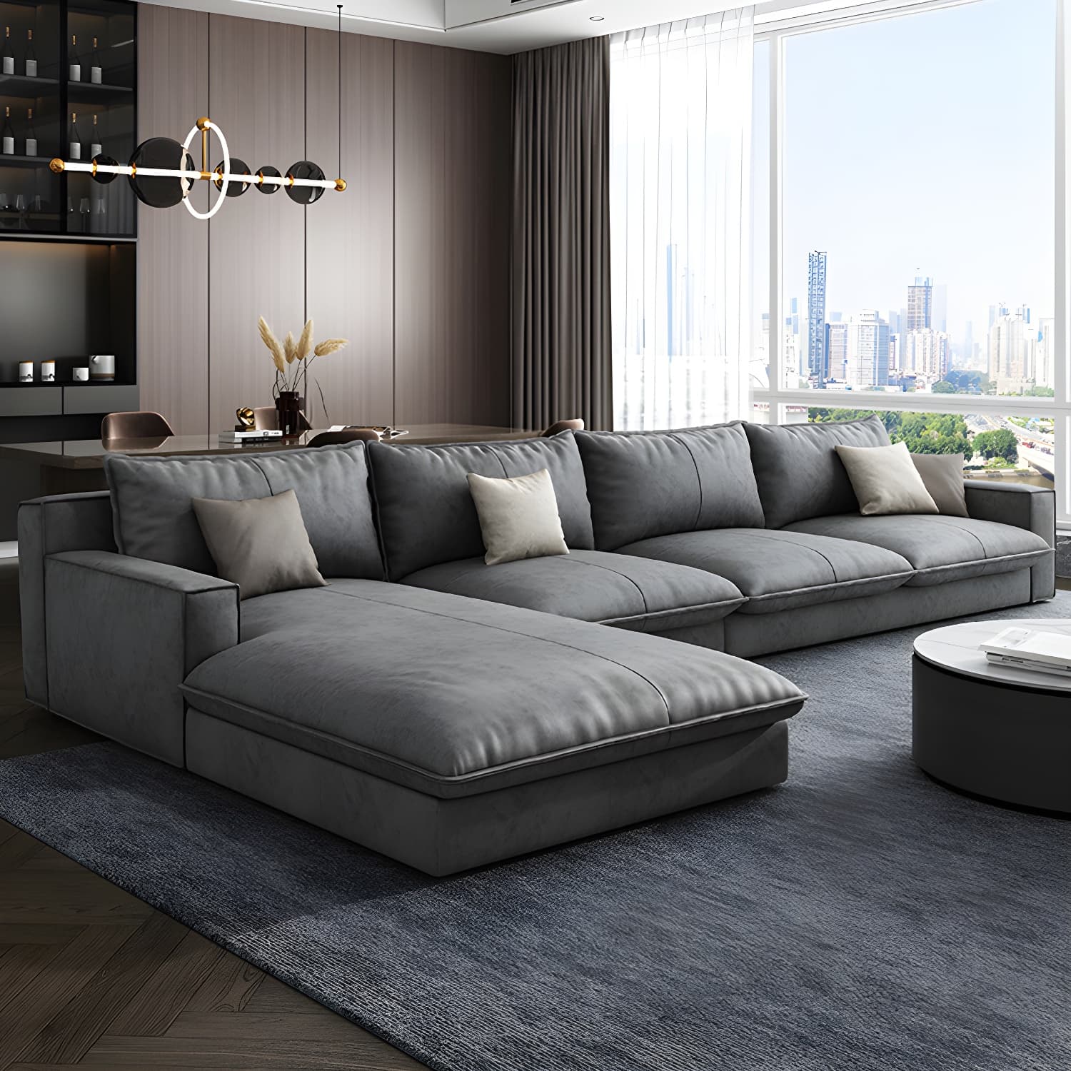 Scandinavian Pillow Back Sectional with Square Arm for Living Room