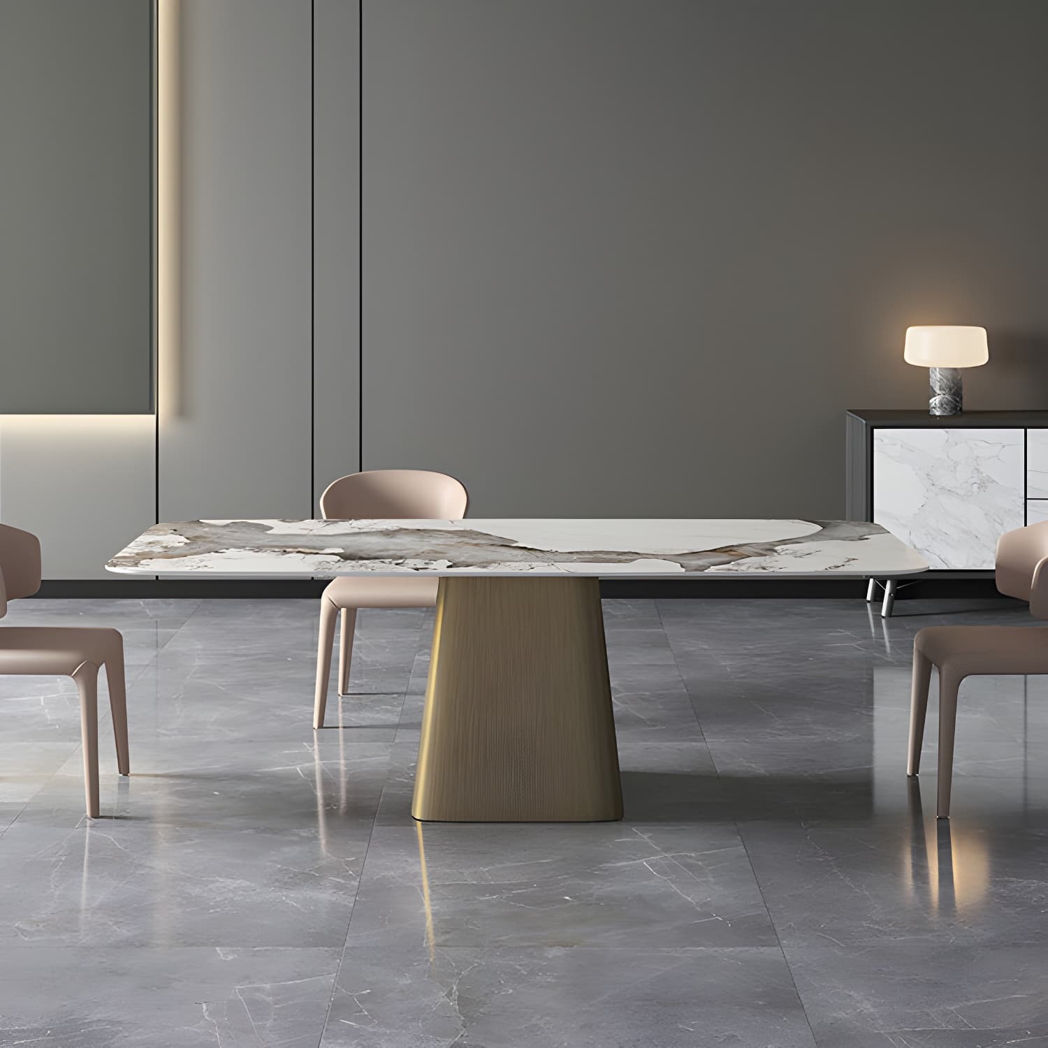 Luxury Sintered Stone Top Dining Table Rectangle White Table with Pedestal