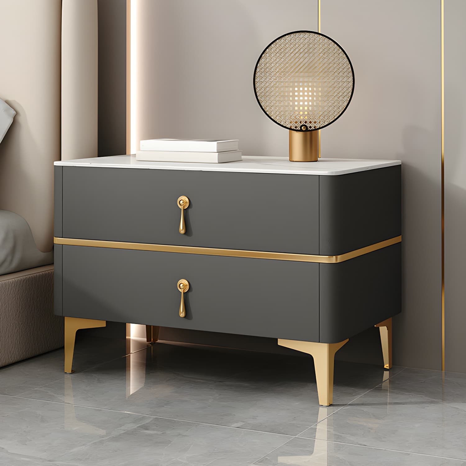 Glam Style Sintered Stone Top 2- Drawer Nightstand with Legs for Bedroom