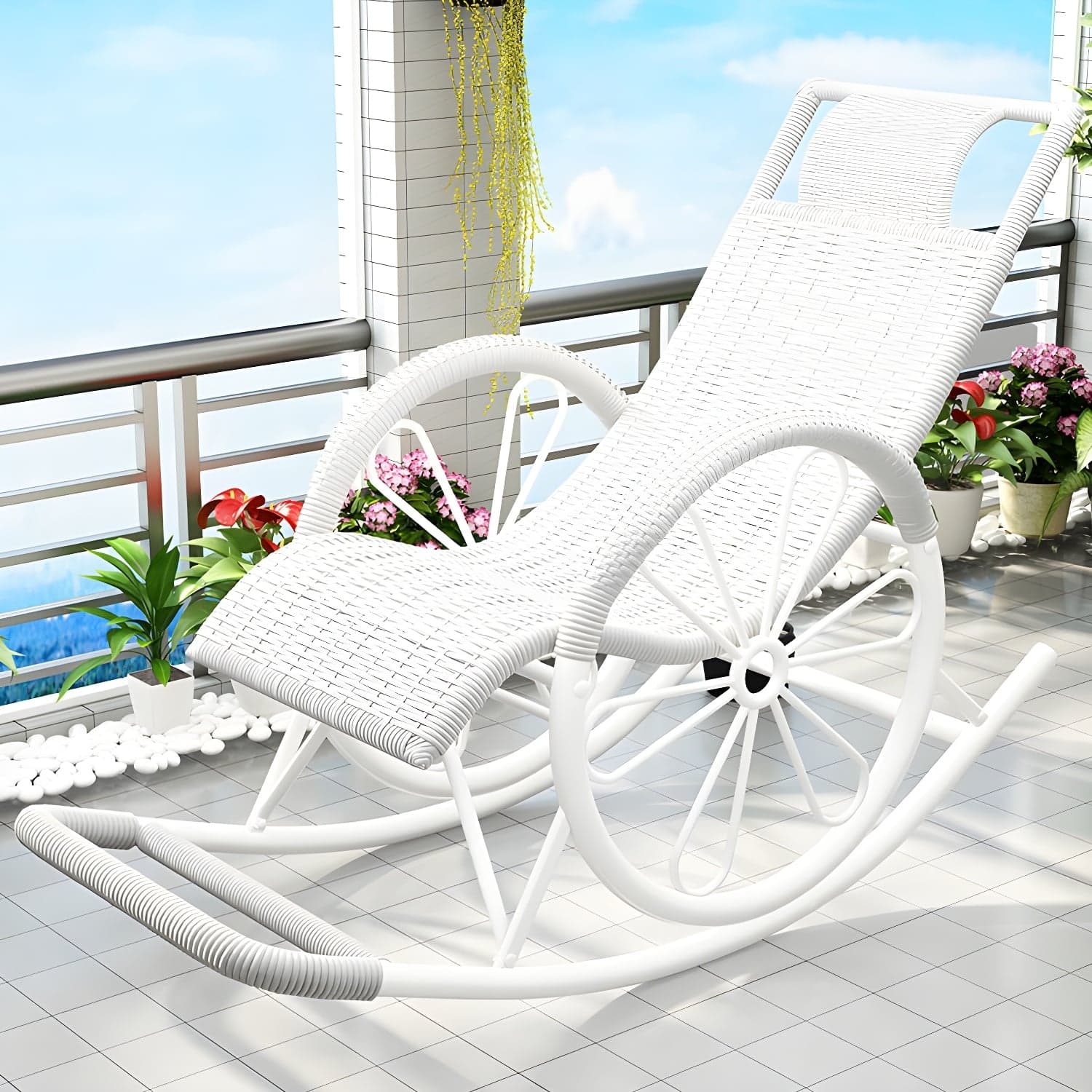 Modern Spindle Rattan Rocking Chair Metal Frame Wheel Handrail Design Rocker Chair - image 11