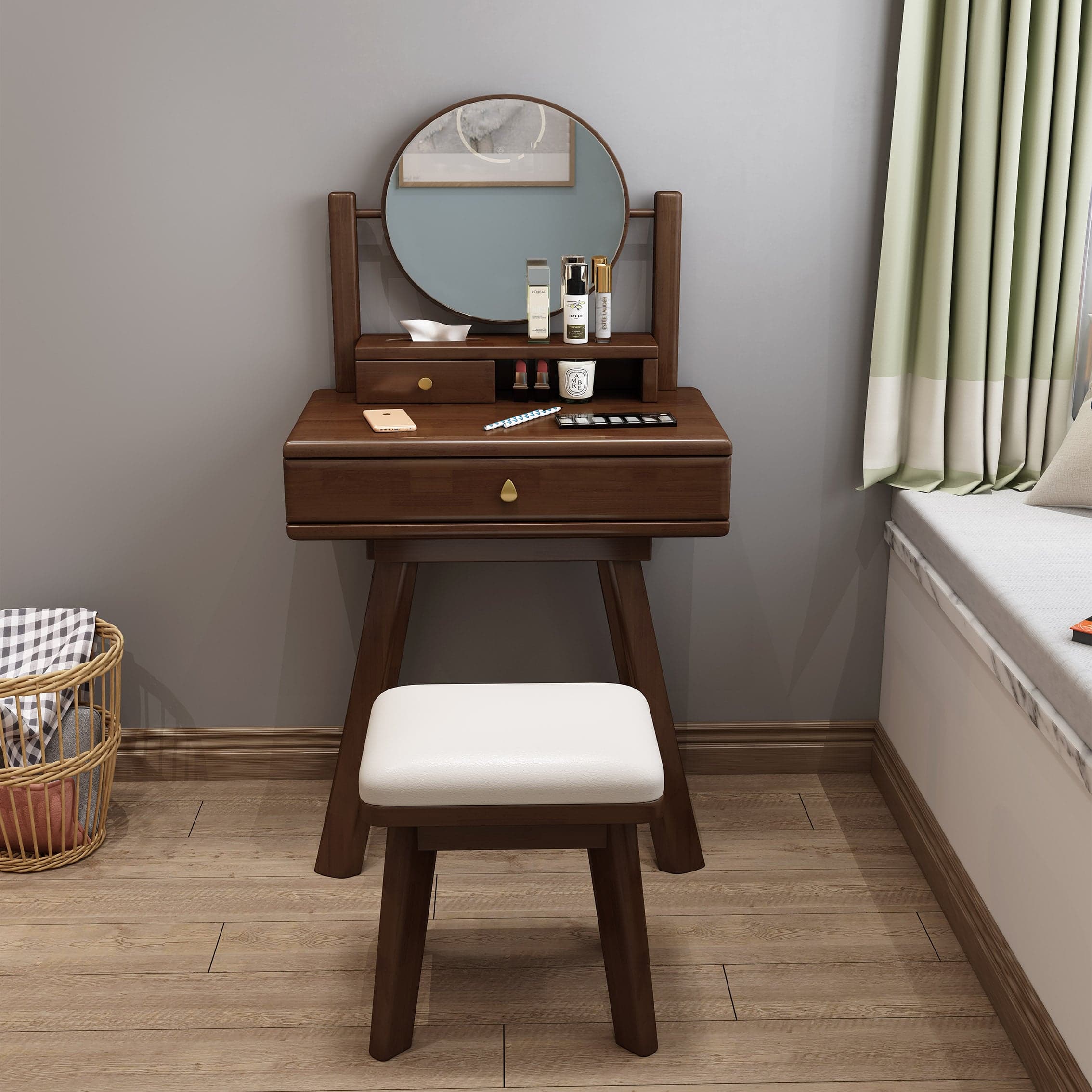 Scandinavian Solid Wood Table Makeup Vanity with Mirror and Drawers - image 3