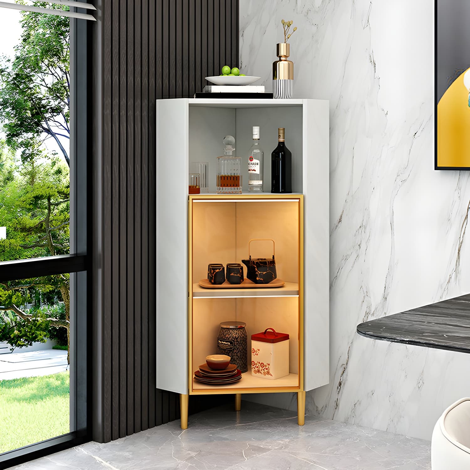 Glam Golden Corner Cabinet with Glass Doors and Exterior Shelving - image 6
