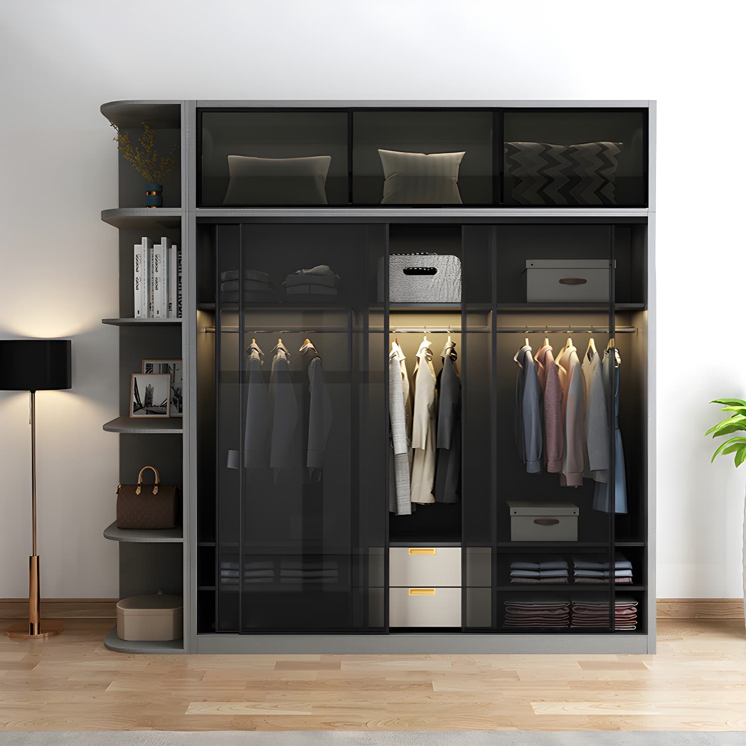 Black Wardrobe Cabinet Contemporary Glass Wardrobe Armoire for Home
