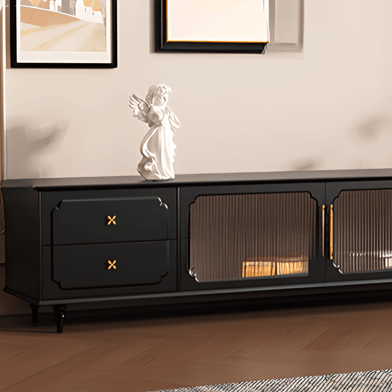 Black Art Deco Wooden TV Stand with Shelf, 4 Drawers, 2 Cabinets, and Cable Management - image 3