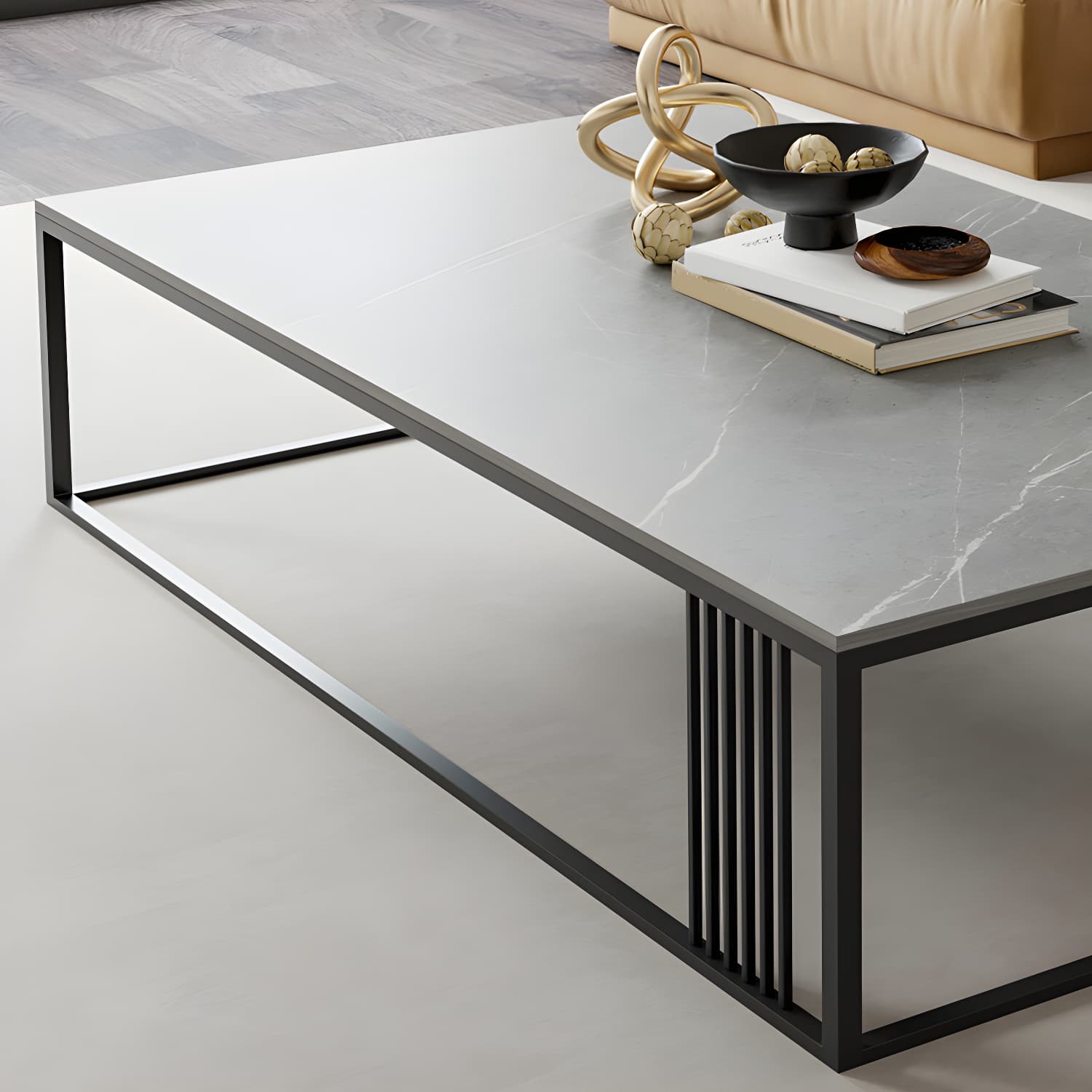 Metal Frame Rectangular Coffee Table Stone Top Cocktail Table - image 9